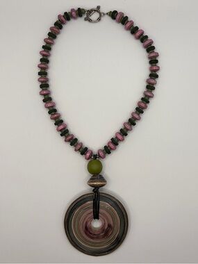 Handcrafted Pink and Olive Paper Bead Necklace with Circular Pendant